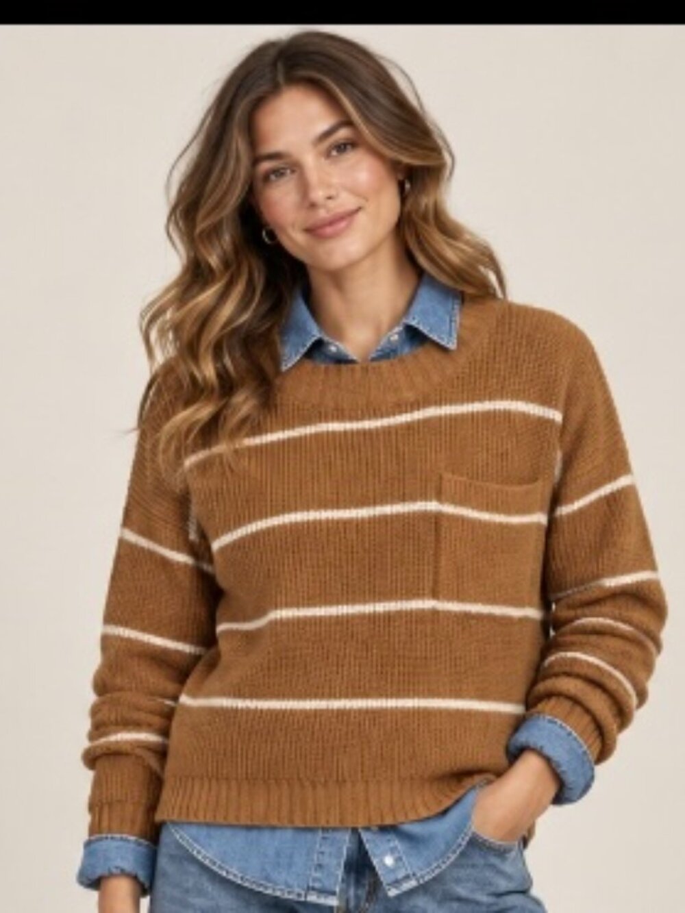 Pink Republic women's caramel & cream striped sweater Size L casual fall preppy